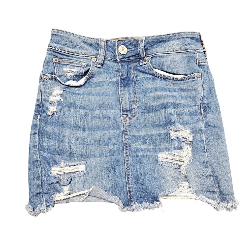 American Eagle Denim Mini Skirt Womens 2 Blue Distressed Boho Raw Hem Beach